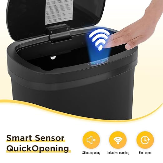BestOffice | 13 Gallon Plastic Trash Can with Lid | Dark Black | Automatic Touchless Garbage Can | Odor Control | Modern Oval Design | Easy to Clean | Fits Any Kitchen, Bathroom, Office or Home