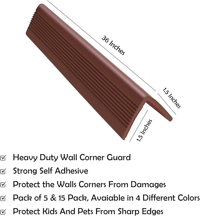 Rubber Bond Wall Corner Guard Edge Protector, Baby Proofing Corner Guards | Self-Adhesive Furniture Edge Strips for Home & Office (Dark Brown, 5 Pack)
