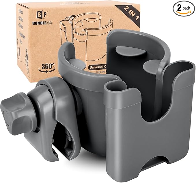 Universal Stroller Cup Holder with Mobile Phone Case, 2-in-1 Strollers Storage Rack, 360 Degrees Rotation Drink Holder for Bike, Pushchair, Wheelchair, Walker,Bicycle, Fits Most Cups (Gray)