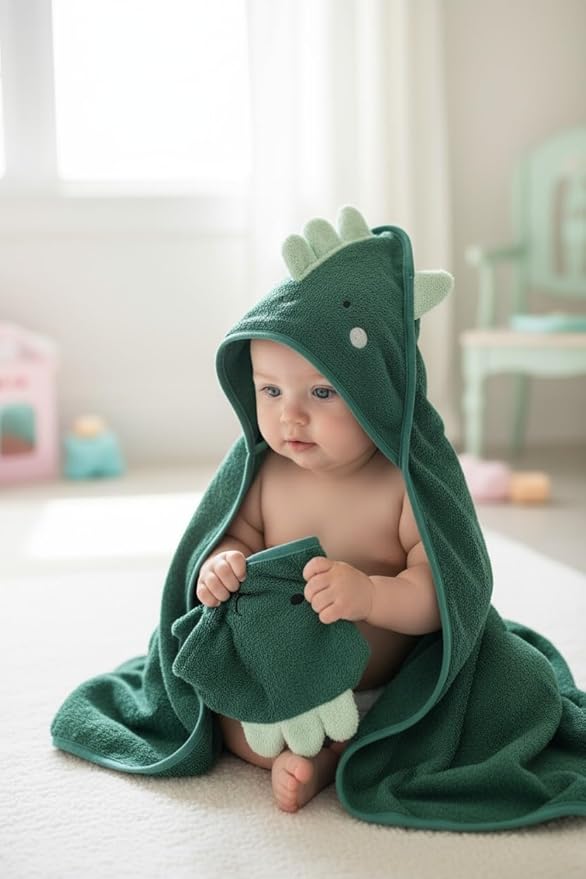 Hooded Baby Towel with Mitt - Ultra Soft Plush Bath Essential for Newborn, Infant & Toddler - Premium 30x30 Inch Large Absorbent Baby Bath Towels with Hood for Boys & Girls (Happy Dino)