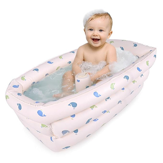 Inflatable Baby Bathtub with Built-in Air Pump, Portable Bathtub for Babies 1-5 Years Old, Small Ball Pool, Foldable Bath Tub for Travel, 30.7 x 14.6 Inch (Whale)