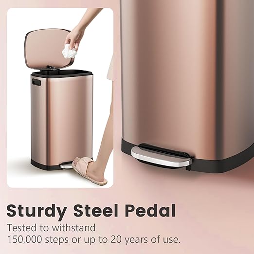 ELPHECO Kitchen Trash Can with Lid Soft Close, 13 Gallon / 50L Stainless Steel Pedal Garbage Can, Heavy-Duty Step Wastebasket with 20 Bags, Removable Bucket, Home Office, Champagne