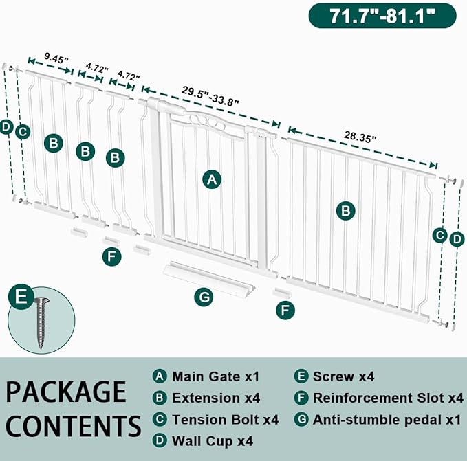 Fairy Baby 71.7"-81.1" Extra Wide Large Pet Gate, Long Dog Gate for the House Doorway Stairs, Pressure Mount Kit Baby Barrier Fence for Child Kid Toddler, Arched Lace Décor Walk Thru Garden Gate,White