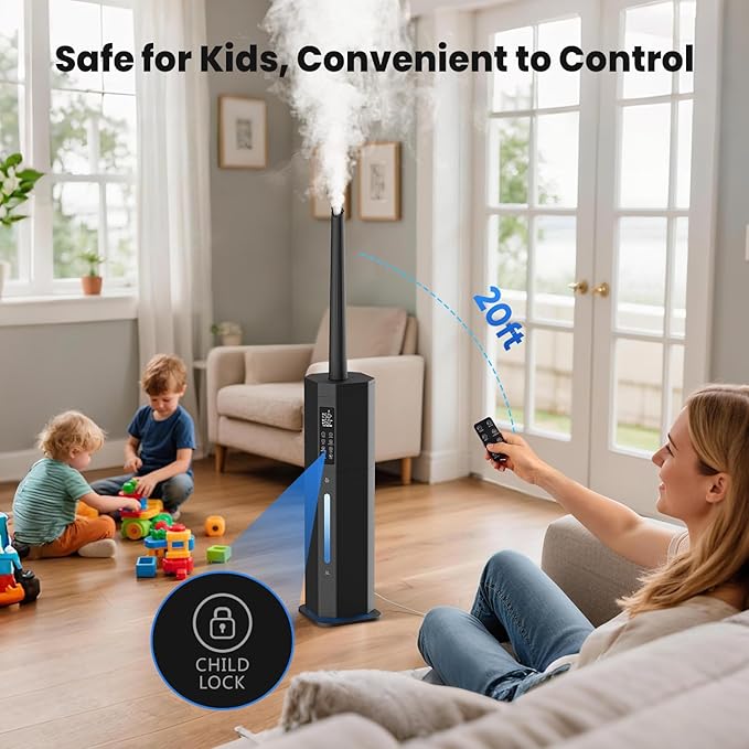 Humidifiers for Bedroom - GloryAir 2.38Gal/9L Top Fill Warm & Cool Mist Humidifier for Large Room 750ft² with Auto Mode 7-Color Light, Humidistat, Quiet Humidifier for Plants Baby Adults Home & Office