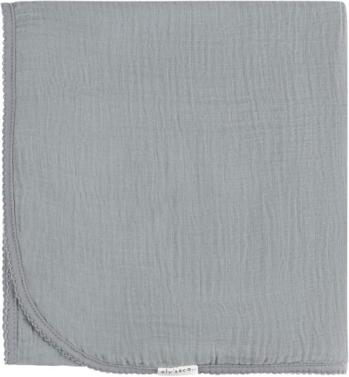 Ely's & Co. Cotton Muslin Swaddle Blanket with Scallop Trim, 1-Pack for Baby Boy - 100% Cotton Muslin Extra-Large Swaddle Blankets (47” x 47”) Blue with Scallop