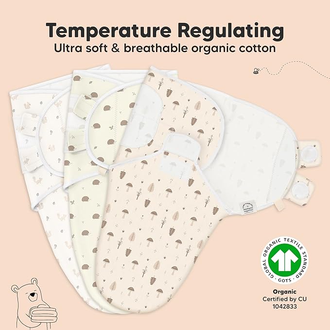 KeaBabies 3-Pack Organic Baby Swaddle Sleep Sacks - Swaddles for Newborns, Infant 0-3 Months, Baby Girls, Boys, Soft & Snug Newborn Sleep Sack, Nursery Swaddling Blankets (Nibbles/Bruce)