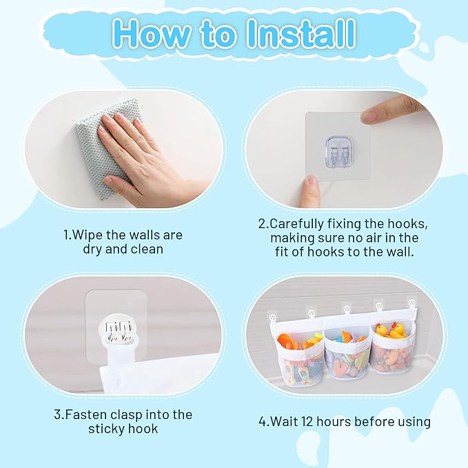 Bathtub Toy Storage, 3 Compartments Bath Toy Holder, Bath Toy Organizer with 5 Hooks Convenient Suspension, Mesh Material Bathtub Toy Storage Keeps Toys Dry & Breathable, Develop Children's Habits