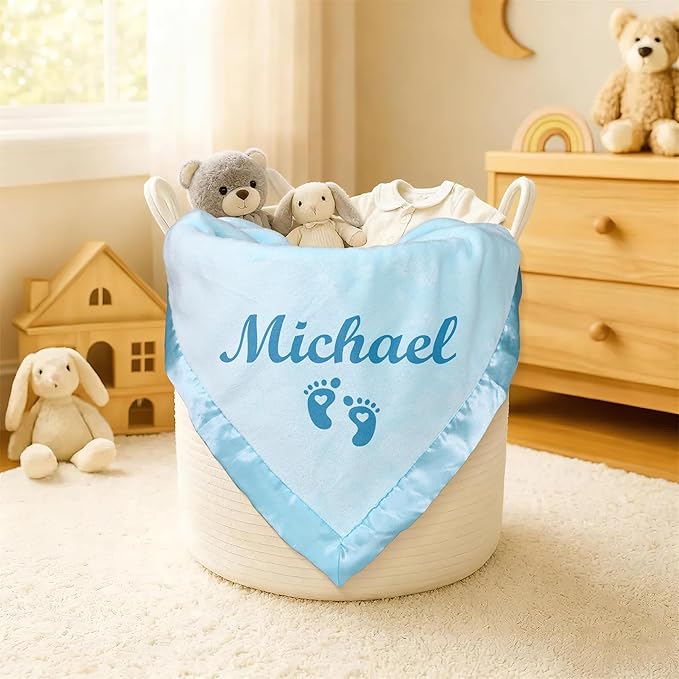 Personalized Baby Blanket with Name, Custom Flannel Swaddle Blankets, Customized Embroidered Receiving Blanket for Boys, Baby Shower Birthday for Newborn - Blue(36" x 36")