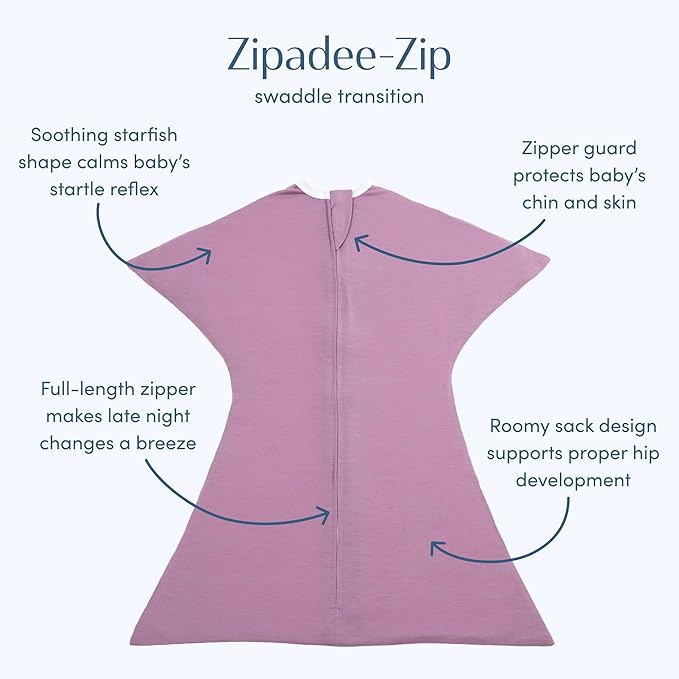 SleepingBaby Zipadee-Zip Transition Swaddle - Cozy Baby Swaddle Blanket with Zipper Convenience - Roomy Wearable Blanket for Easy Diaper Changes - Classic Lavender, Small (4-8 Month)