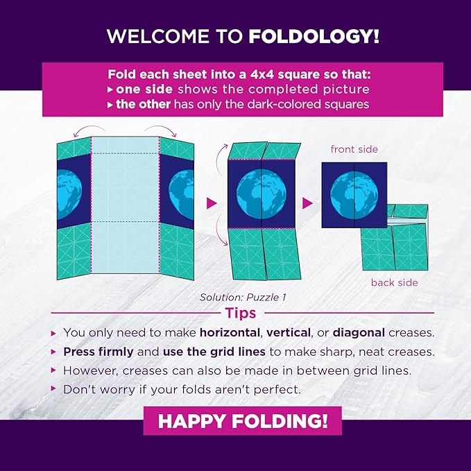 FOLDOLOGY - The Origami Puzzle Game! Brain Teasers for Tweens, Teens & Adults | Stocking Stuffer, Gift for Ages 10+, Travel Game, Hands-On STEM Toy | Fold the Paper, Complete the Picture | 100 Puzzles