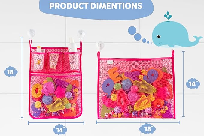 2 x Mesh Bath Toy Organizer + 6 Ultra Strong Hooks – The Perfect Bathtub Toy Holder & Bathroom or Shower Caddy – These Multi-use Net Bags Make Baby Bath Toy Storage Easy – For Kids & Toddlers