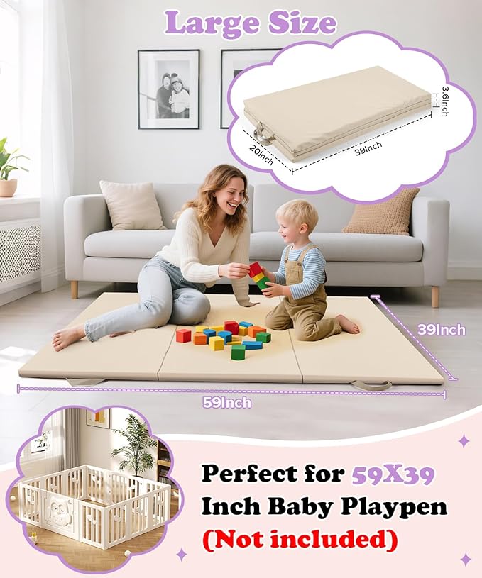 39X59Inch Trifold Thick Foam Play Mat for Babies| Soft Padded Foam Floor Mat for Kids Playroom | Foldable Playmat | Non-Slip Crawling Removable Cover Washable Crawling Playmat Infant