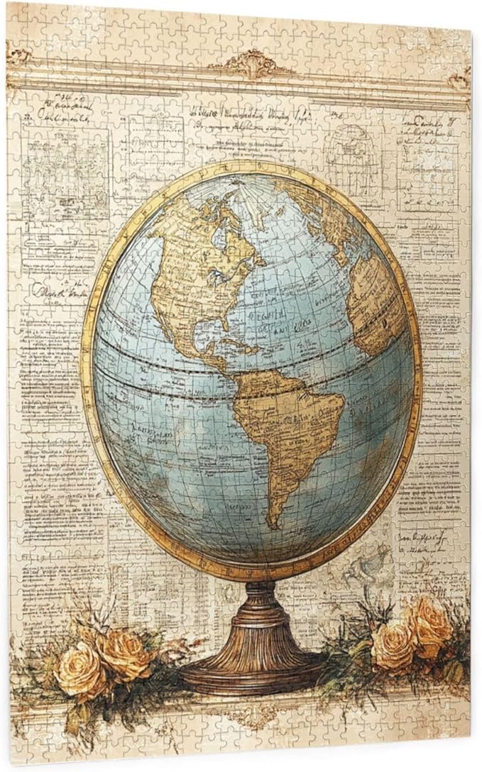 Classic Globe with Detailed World Map and Vintage Documentation, Beautifully Complemented by Decorative Roses，1000 Piece Adults Wooden Jigsaw Puzzle，Ideal for Relaxation and Family Fun