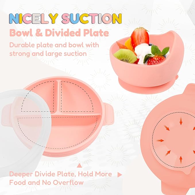 Silicone Baby Feeding Set - Perfect silicone plates for baby & Toddler Plates with lid, Baby Bowls with Suction, Baby Utensils - Baby Led Weaning Supplies & Eating Essentials - (Peach)