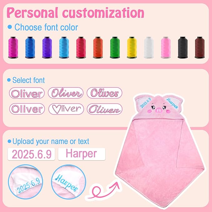 Custom Hooded Bath Towel with Name, Personalized Highly Absorbent Bunny Towels, Baby Bath Towels for Girls Boys, Brithday for Baby, Toddler, Newborn (Piglet-Pink)