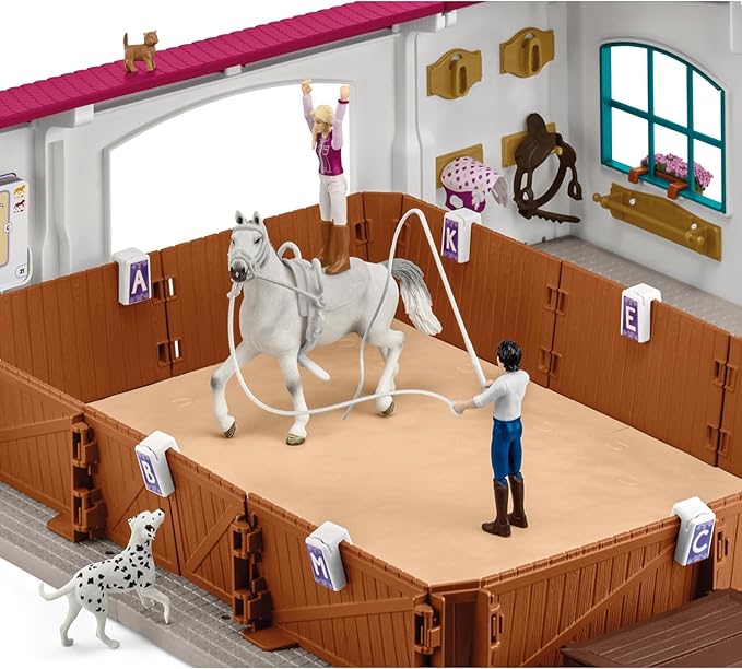Schleich Horse Club - 179PC Peppertree Riding Arena Horse Playset with Real Dressage Cards - With Stable Set, 2 Horses, 3 Rider Figurines, Cards and Accessories - Toys for Girls & Boys Ages 5+ | 42639
