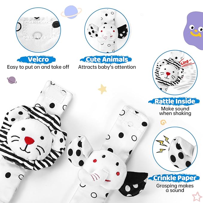 Baby Socks & Wrist Rattles Toys for 0-12 Month,Black And White High Contrast Baby Toys 0-6 Months,Baby Boy Girl Gifts 0-3 3-6month Toy,2 3 4 Month Old Baby Toys,Infant Sensory Newborn Toys