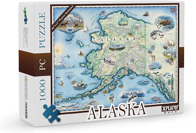 Alaska State Map Jigsaw Puzzle – 1000 Pieces, Hand-Drawn Artwork, Educational Family Puzzle, Includes Poster – 19.8” x 26.4”