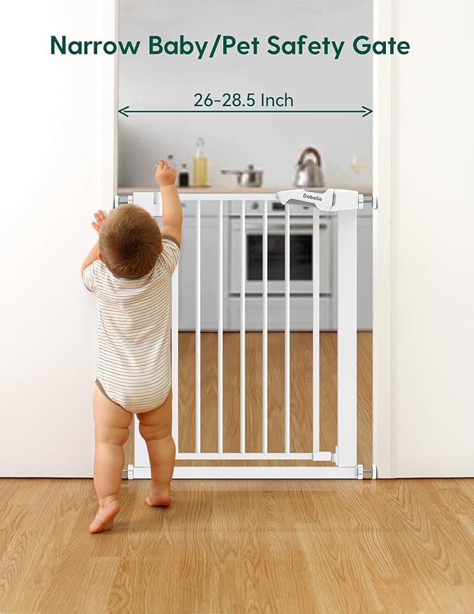 BABELIO 26-28.5 Inch Narrow Easy Install Baby Gate, 30 Inch Tall Auto-Close Metal Pet Gate for Small Stairs and Doorways, NO Drilling Pressure Mounted, NO Extensions, White