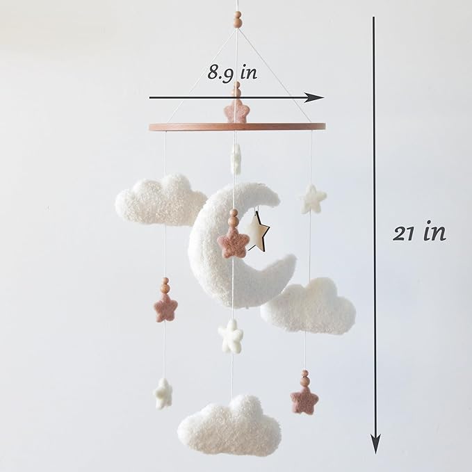 Cloud Crib Mobile for Girls & Boys, Boucle Cloud Baby Mobile for Crib Neutral Boho Nursery Mobile, Stars and Moon
