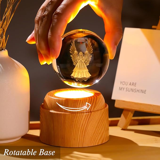 Guardian Angel Gifts 2.36in 3D Engraved Angel Crystal Ball with Rotatable Warm Light Wood Base, Guardian Angel Figurines Memorial Gifts for Women Mom Friends