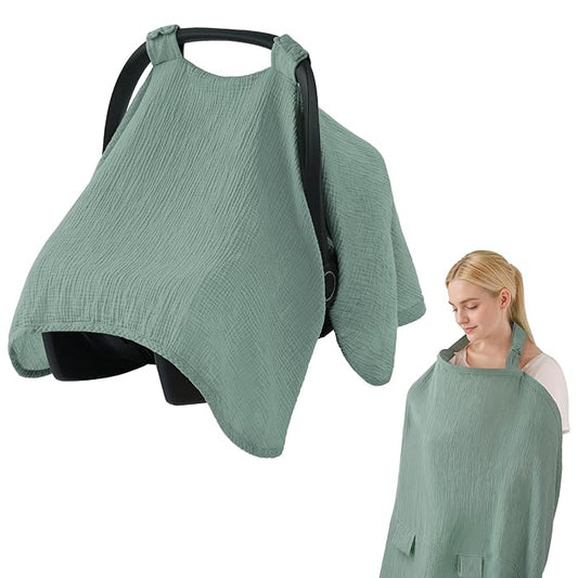 Blissful Diary 2-in-1 Muslin Baby Car Seat Cover, Multi-use Nursing Cover for Breastfeeding, Breathable Infant Car Seat Cover Canopy - Roman Green