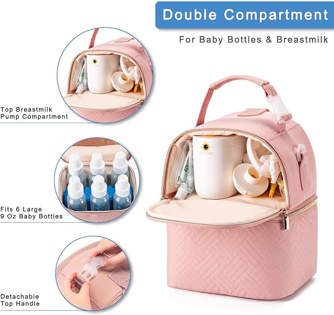 Breastmilk Cooler Bag with Ice Pack & Mat Fit 6 Bottles Up to 9 Ounce, Breast Milk Pump Cooler Bag for Moms Daycare,Work&Travel, Pink