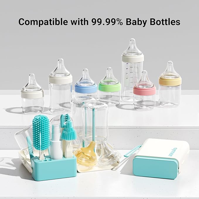 Baby Bottle Brush Cleaner Set - 7 in 1 Travel Bottle Cleaning Brush Kit with Silicone Bottle Brush, Nipple Brush, Soap Dispenser, Portable Drying Rack, Breast Pump & Bottle Cleaning Kit - Lake Green