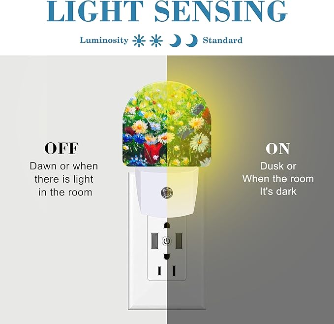 Field Flowers Oil Painting Night Light Plug into Wall with Dusk to Dawn Sensor Cute Nightlight for Kid Girls Boys Women Men Room Decor, Hallway, Kitchen, Bathroom, Nursery, Stairs