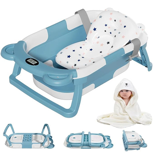 MoreFeel Collapsible Baby Bathtub for Newborn with Thermometer & 1 Hooded Towel & 1 Soft Floating Cushion,Portable Travel Bathtub with Drain Hole, Durable Foldable Baby Tubs for Infants to Toddler