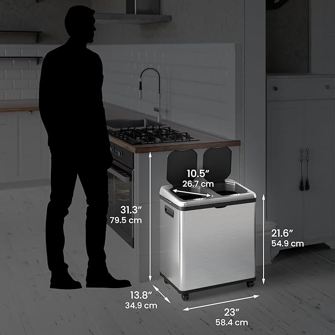 iTouchless 16 Gallon Touchless Sensor Kitchen Trash Can and Recycle Bin with Wheels, 60 Liter Stainless Steel Dual-Compartment (2 x 8 Gallon) Combo Recycling and Garbage Trashcan