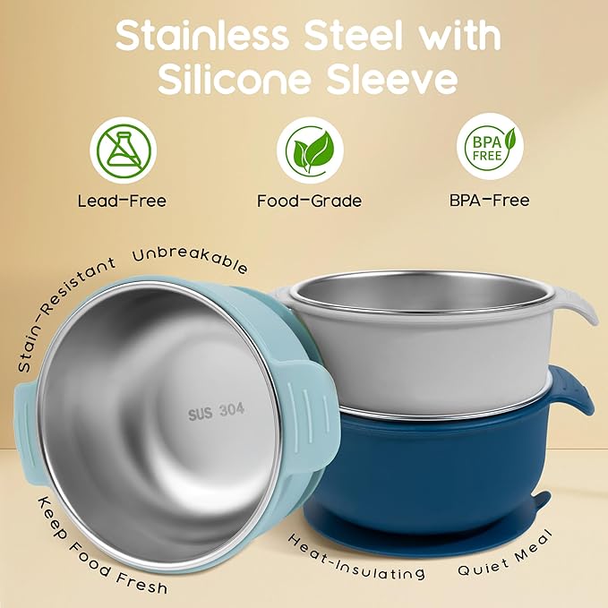 Bella's Friends Stainless Steel and Silicone Baby Bowls with Suction 3 Pack, 4.3” for Toddlers Kids Feeding, Non-Slip, Non-Toxic, Mess-Free, Dishwasher Safe, Fit High Chair Size, blue dark blue gray