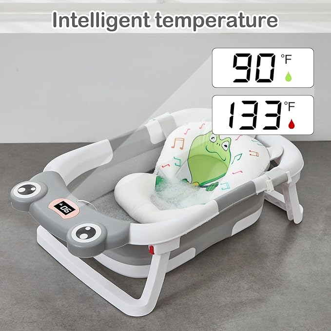 Foldable Baby Bathtub with Cushion & Water Thermometer and Drain Hole, Portable Durable Foldable Baby Bath Tub for Newborn Infants 0-36 Months (Grey)