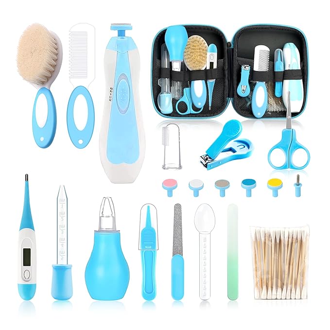 Baby Grooming Kit，Electric Safety Nail Trimmer Baby Nursery Kit，Infant Safety Care Set with Hair Brush Comb Nail Clipper Nasal Aspirator,Baby Essentials Kit for Newborn Girls Boys (21 PC-Blue Kit)