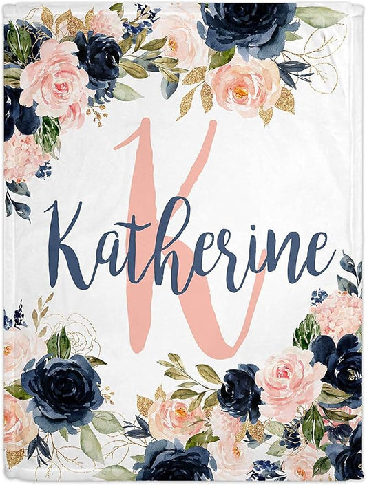 Girls Love A Monogram - Personalzied Floral Baby Blankets for Girls - Custom Baby Blankets for Girls with Name - Personalized Baby Girl Shower Gifts (Navy & Blush, 50 X 60 Kids)