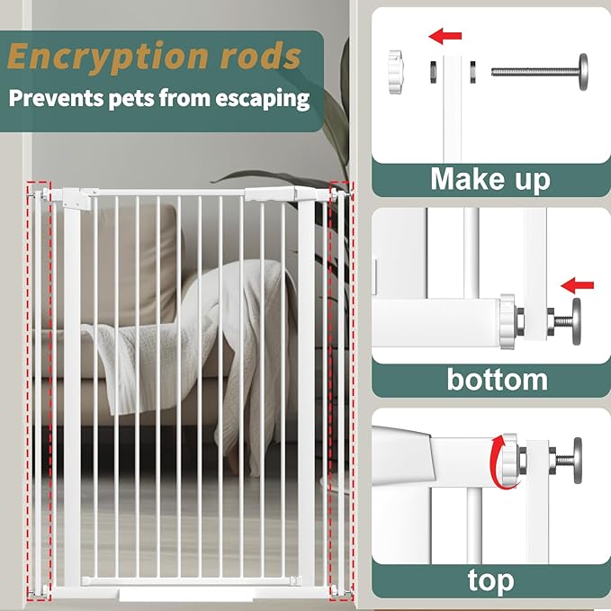 40.55" Tall 1.37" Ultra Narrow Spacing Dogs Pets Baby Gate for Doorway Hallway Safety Proof Indoor 45.86-53.74" Extra Wide Puppy Pressure Mounted No Drill Walk Through White Metal