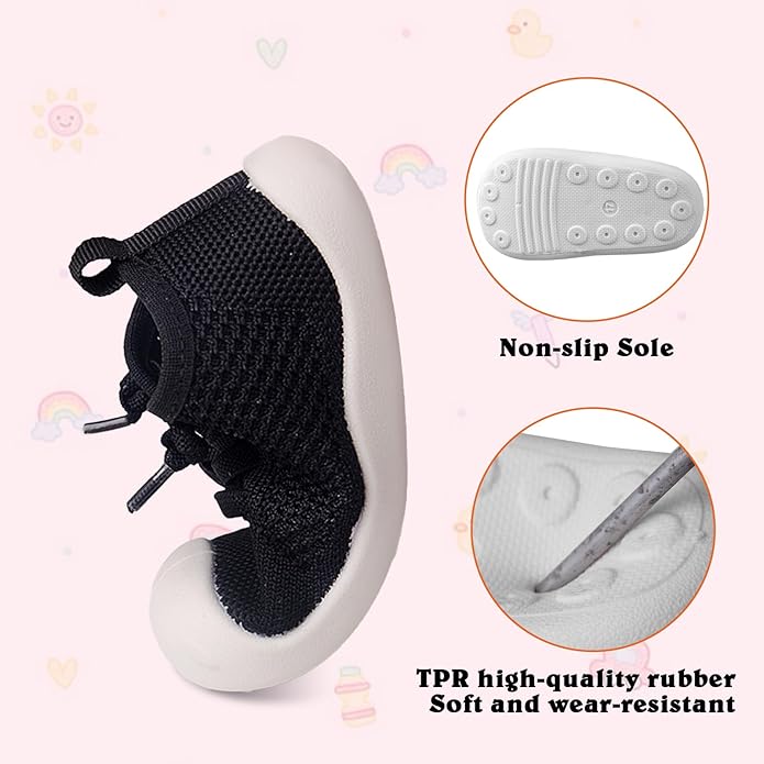Baby Girl&Boy Toddler First Walking Shoes 6-12 Months Size 3 Black Barefoot Slip On Wide Toe Box Shoes Soft Footmates Casual Tennis Indoor Flexible Learning to Walk Rubber Sneakers