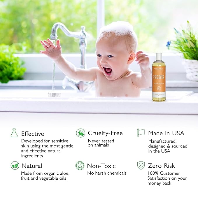 SoCal Suds & Company Baby Shampoo & Body Wash, 2-in-1 Organic Gel - Gentle Castile Soap with Vitamin-Infused Oils & Botanicals - Natural Care for Sensitive Skin Hypoallergenic - 12oz Sweet Orange