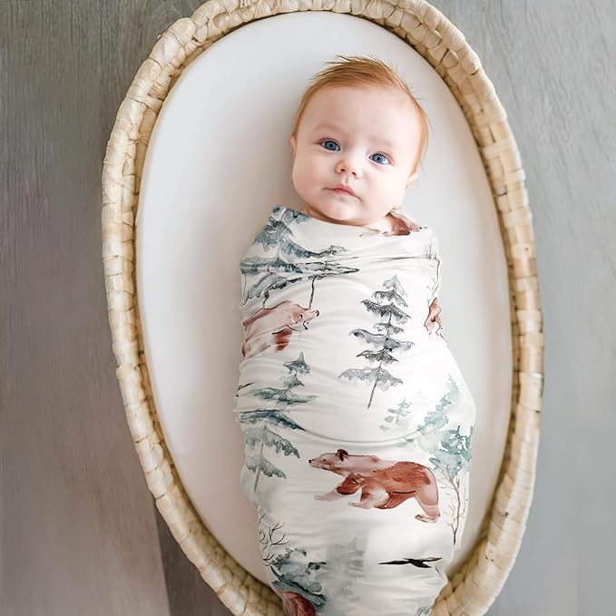 GRSSDER Baby Blankets 2 Pack Super Soft Jersey Knit Swaddle Blankets for Baby Girls and Boys, Double Layer Receiving Blankets 34 x 44 Extra Large for Swaddling, Bear & Snow Wolf