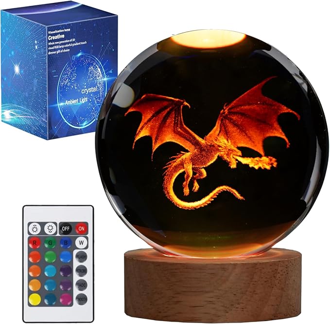 Dragon Night Light, 3.15 Inch (80mm) K9 Crystal 3D Lamp with Remote 16 Color for Birthday Xmas Cool Figurines Dragon Gifts for Room Decor Boys Girls