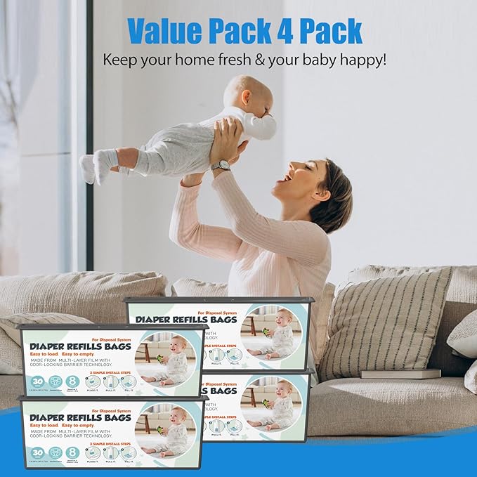 Diaper Pail Refills Bags with 30 Bags Compatible with Genie Easy Roll Signature and Platinum Diaper Pails, 7-Layer Odor-Barrier Technology, 4 Pack (120 Bag)