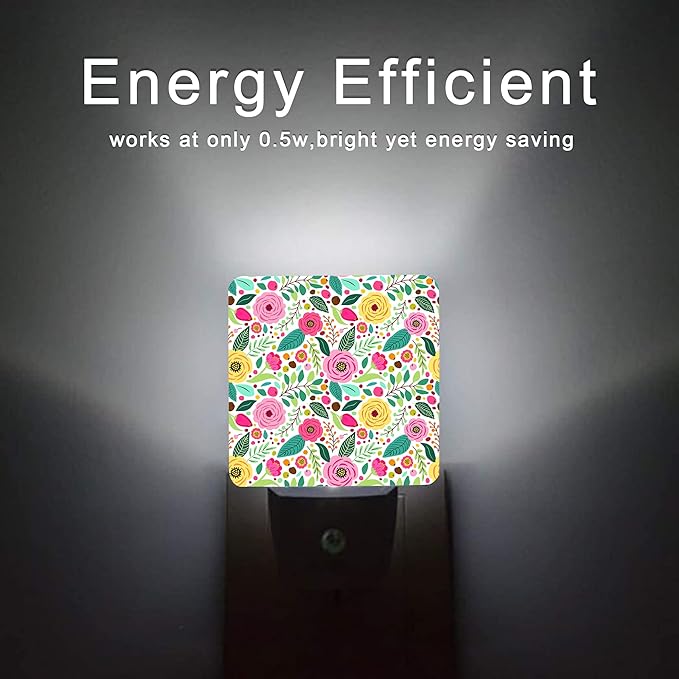 Retro Flowers Night Light,Spring Retro Rustic Flowers Night Lights Plug into Wall with Dusk to Dawn Light Sensors 0.5W Dim Night-Lights for Bedroom