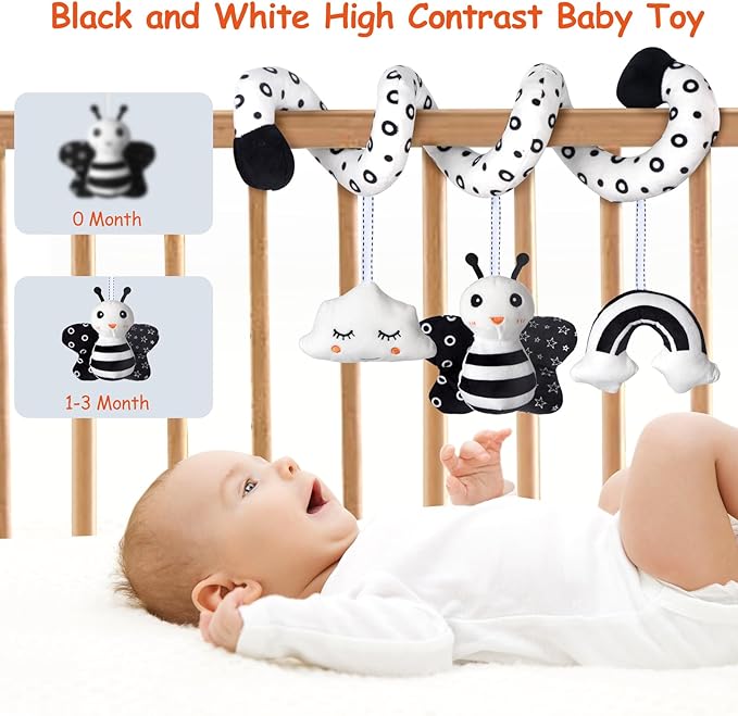 Car Seat Toys, Infant Baby Spiral Activity Hanging Toys Stroller Toys for Car Seat Stroller Bar Crib Bassinet Mobile with BB Squeaker and Rattles (Bee)