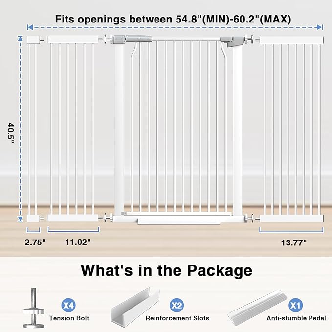 40.55" Extra Tall Baby Gate for Stairs-54.8"-60.2" Wide 1.37" Ultra Narrow Spacing Extra Wide Pet Cat Gate Dog Gate-Auto-Close Pressure Mounted Dog Door for Pets and Kids,White