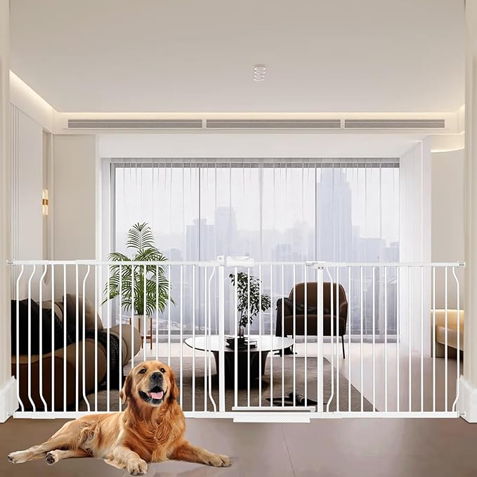 Extra Wide Baby Gates Large Long Dog Gates for The House Doorways Stairs Pressure Mount Dog Pet Gate Walk Through Metal Child Indoor Safety Gates (White, 86.3"-105"/219-267CM)