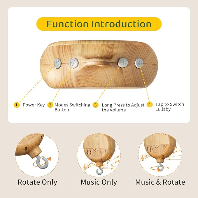 FEISIKE Woodland Animals Theme Bassinet Baby Nursery Mobiles with Modes Digital Music Box 3In1 Set-34 Inch Wooden Mobile Arm for Crib Mobile Hanger for Crib Baby Nursery Decor