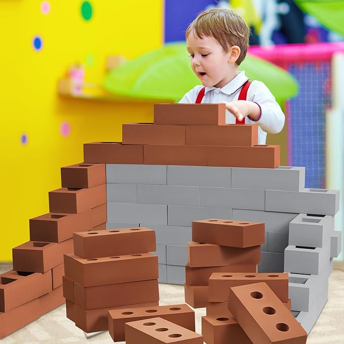 Deekin 30 Pcs Foam Brick Building Blocks for Kids Thick Blocks Foam Large Fake Brick Construction Toy for Stacking Construction, 8 x 4 x 2.4 in (Square Circle Holes)