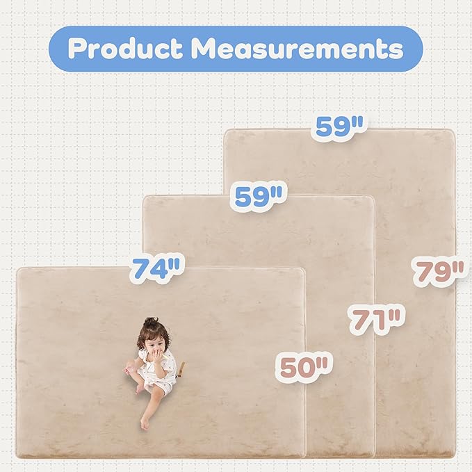 1.3" Thick Baby Floor Play Mat 71x79, Basic Padded Foam Mat for Tummy Time Crawling, Non Slip Cushioned for Babies Toddlers Infants Kids (Beige)