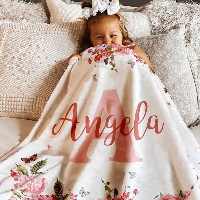 EVER2000 Personalized Baby Blanket for Girls, Custom Floral Baby Blanket with Name, Soft & Fuzzy Newborn Receiving Blankets for Toddler, Customized Baby Gifts for Birthday Baby Shower