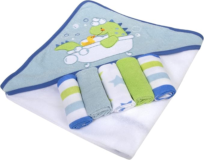 Baby Hooded Towel and Washcloth Set for Infants, Boys and Girls 6-12 Months (Refreshed Rex)
